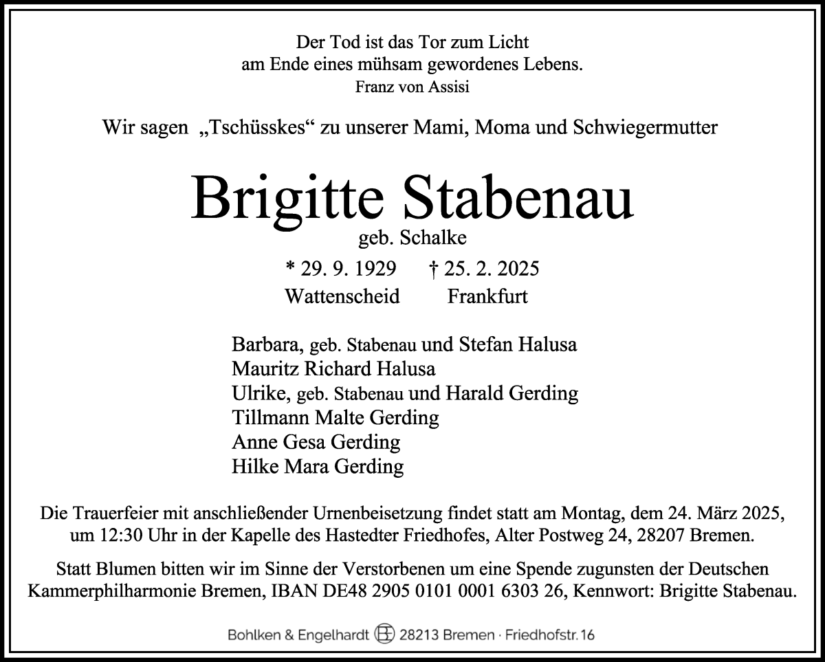 Traueranzeige von Brigitte Stabenau von WESER-KURIER