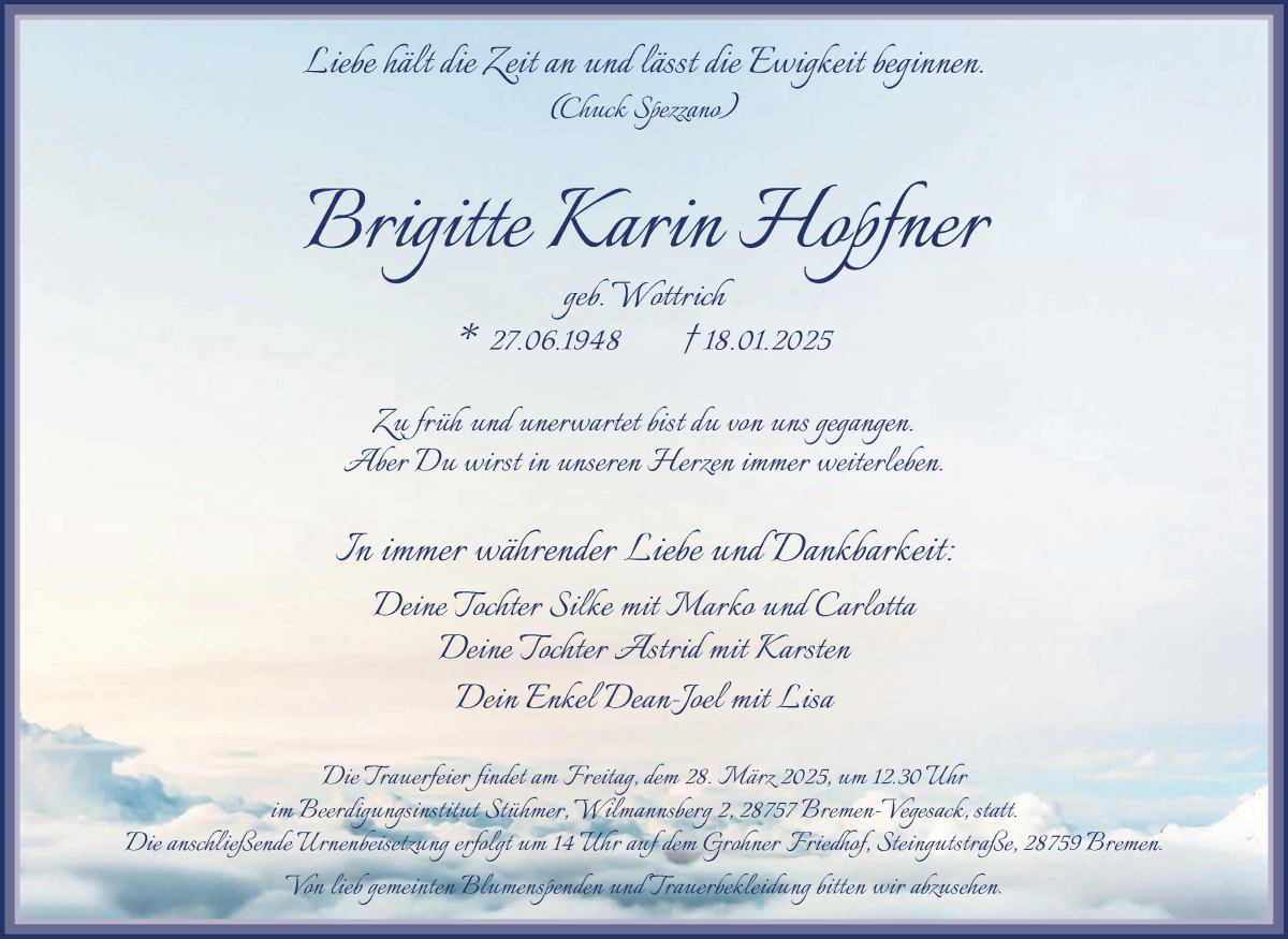 Traueranzeige von Brigitte Karin Hopfner von Die Norddeutsche