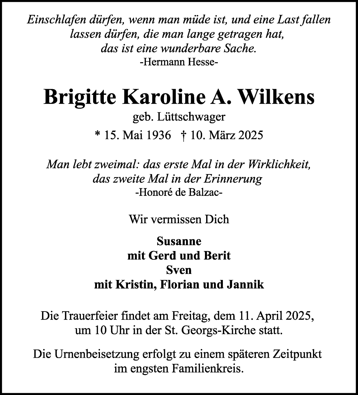 Traueranzeige von Brigitte Karoline Wilkens von WESER-KURIER