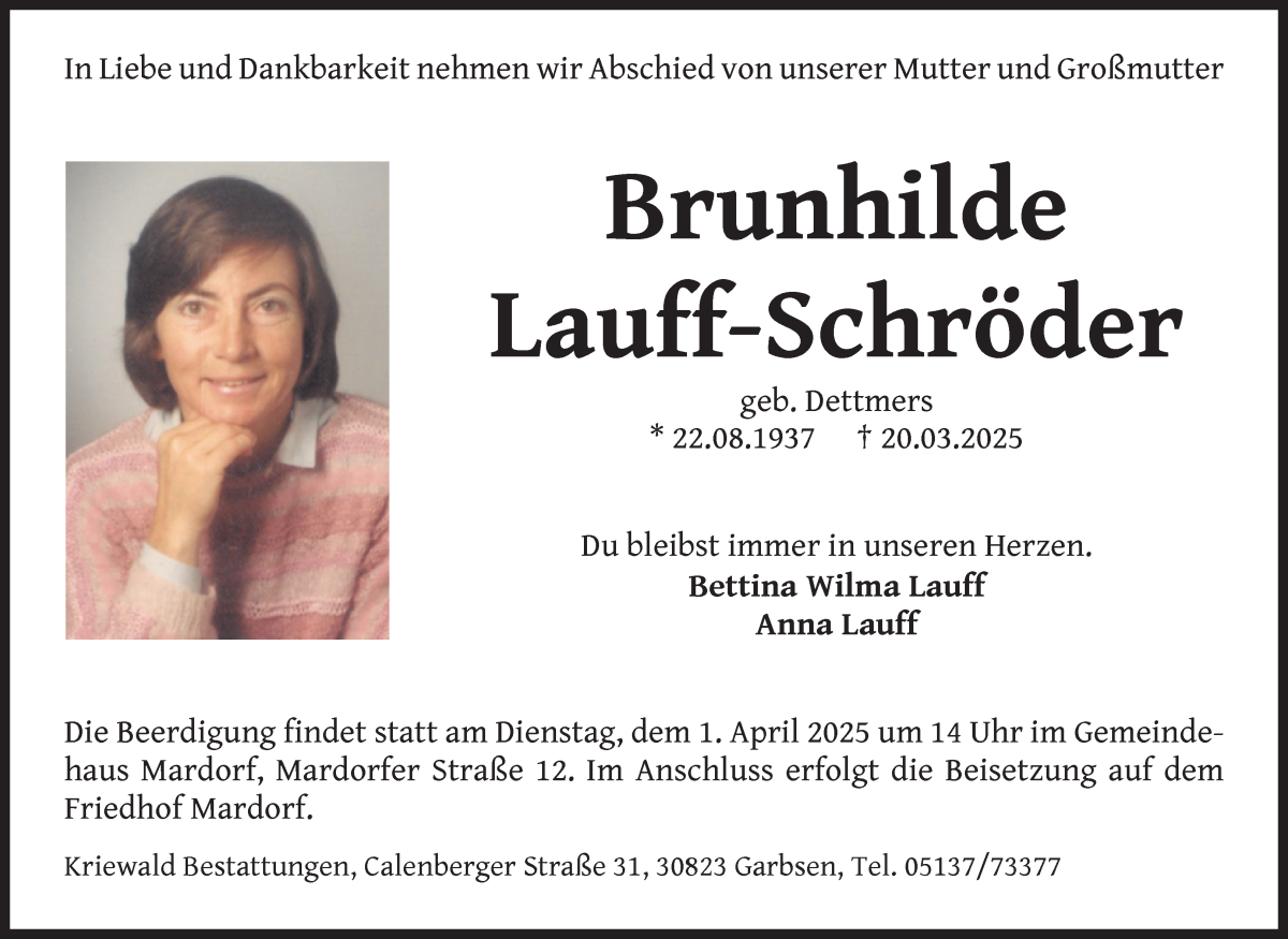 Traueranzeige von Brunhilde Lauff-Schröder von Delmenhorster Kurier