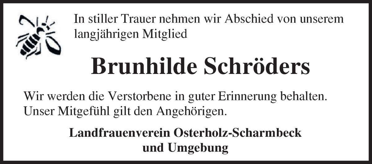 Traueranzeige von Brunhilde Schröders von Osterholzer Kreisblatt