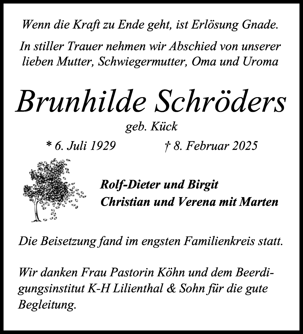 Traueranzeige von Brunhilde Schröders von Osterholzer Kreisblatt