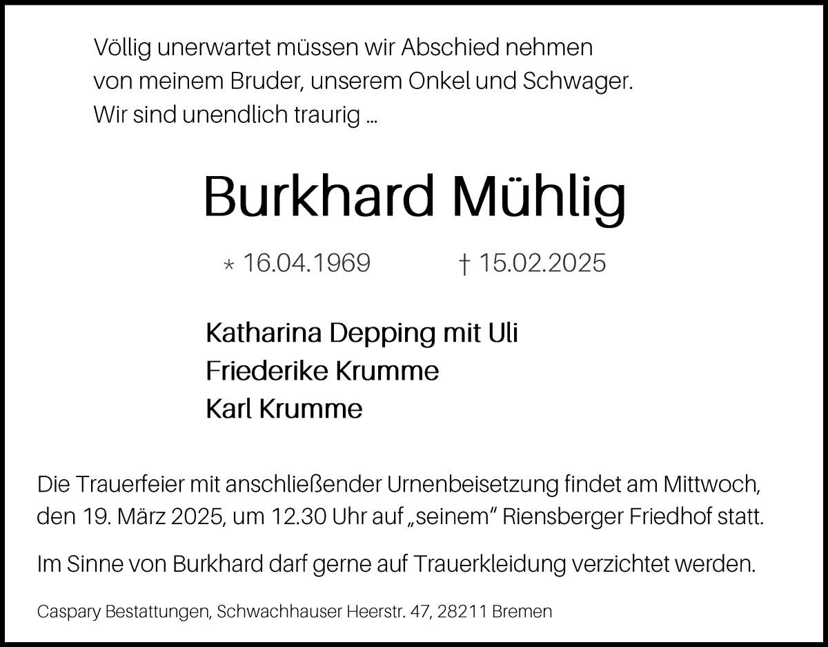 Traueranzeige von Burkhard Mühlig von WESER-KURIER