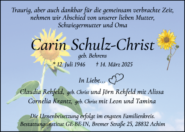 Traueranzeige von Carin Schulz-Christ von WESER-KURIER
