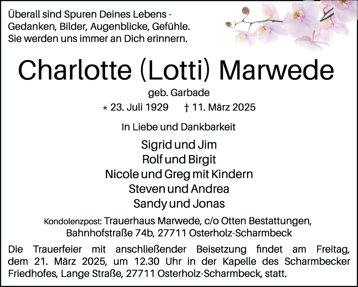 Traueranzeige von Charlotte Marwede von Osterholzer Kreisblatt