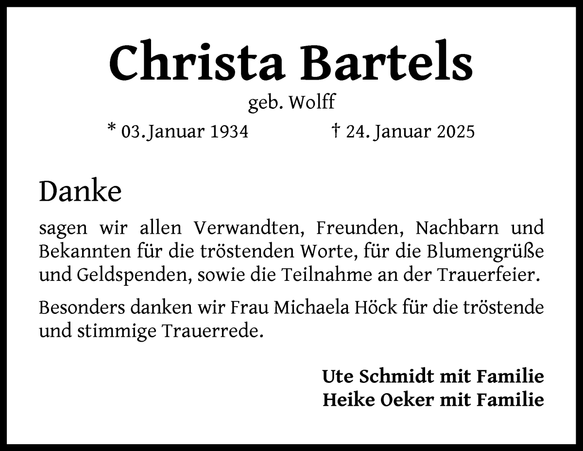 Traueranzeige von Christa Bartels von WESER-KURIER