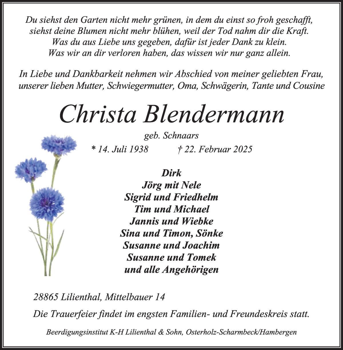 Traueranzeige von Christa Blendermann von Wuemme Zeitung