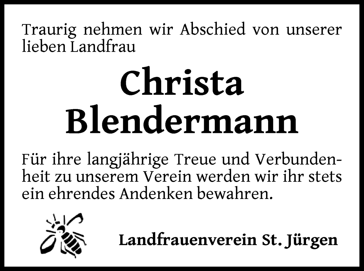 Traueranzeige von Christa Blendermann von Wuemme Zeitung