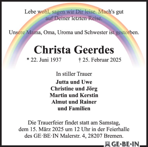 Traueranzeige von Christa Geerdes von Wuemme Zeitung
