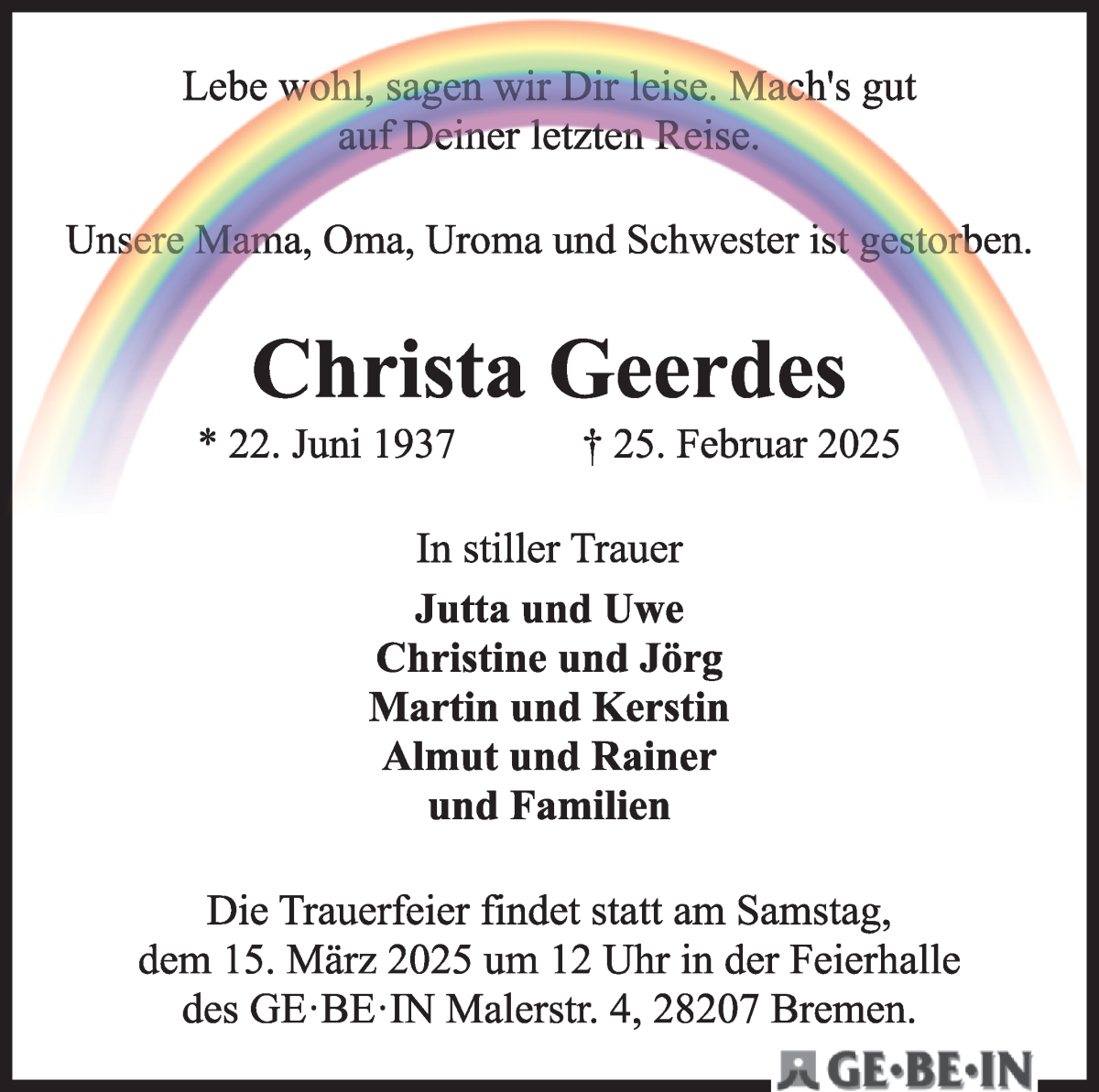 Traueranzeige von Christa Geerdes von Wuemme Zeitung