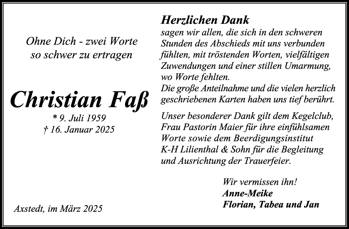 Traueranzeige von Christian Faß von Osterholzer Kreisblatt