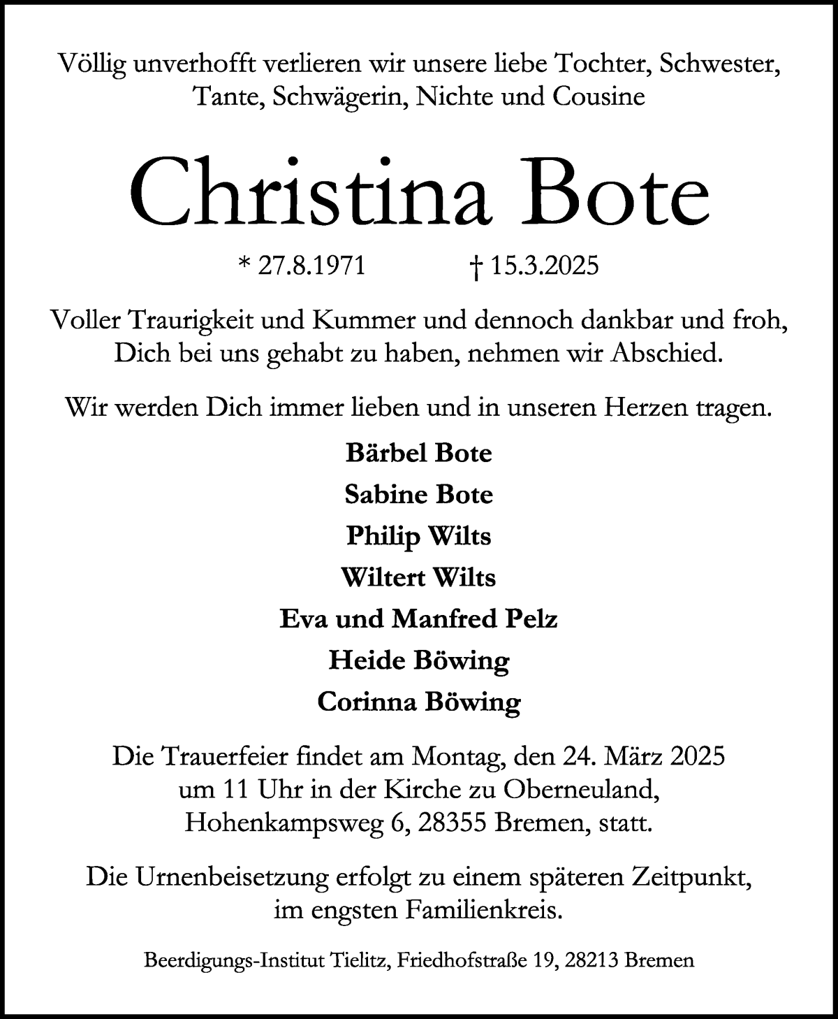 Traueranzeige von Christina Bote von WESER-KURIER