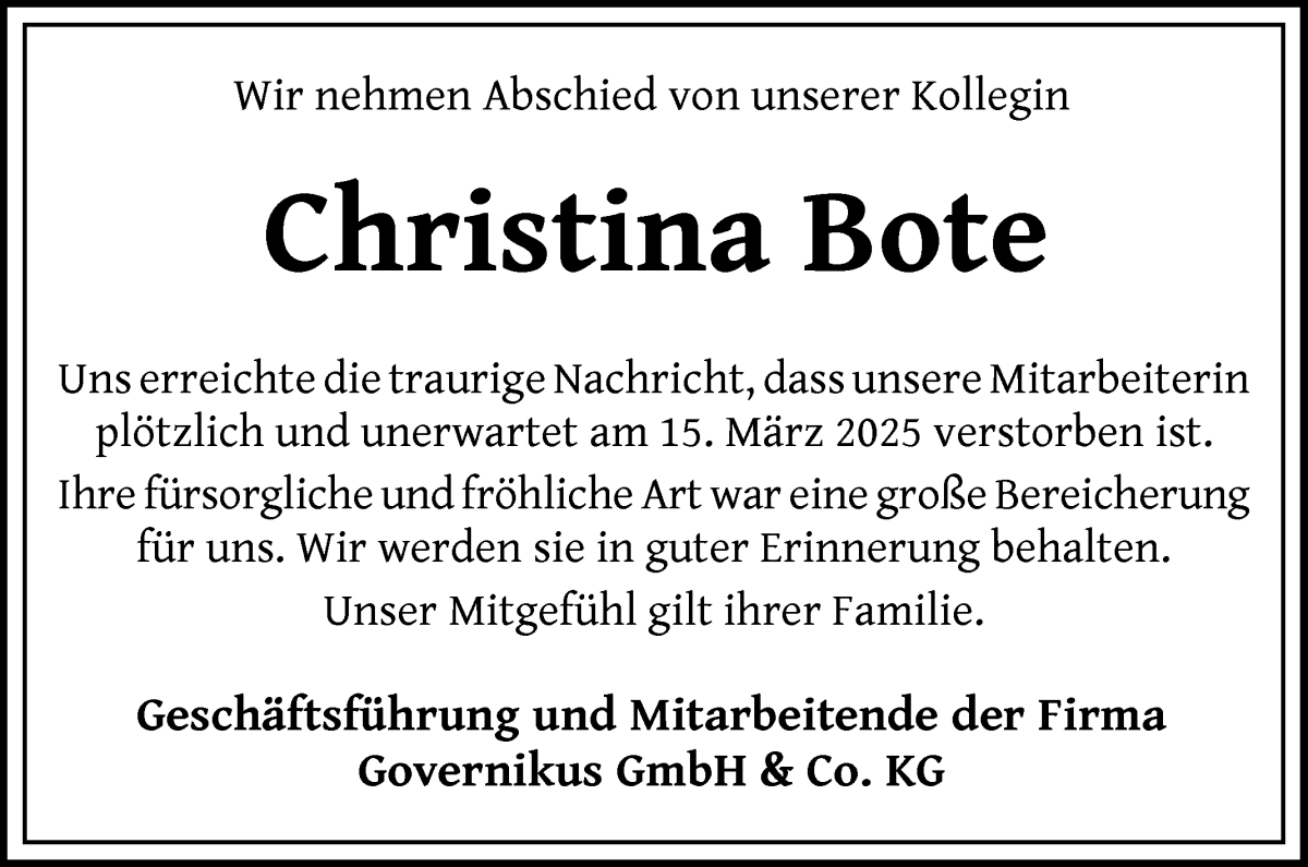 Traueranzeige von Christina Bote von WESER-KURIER