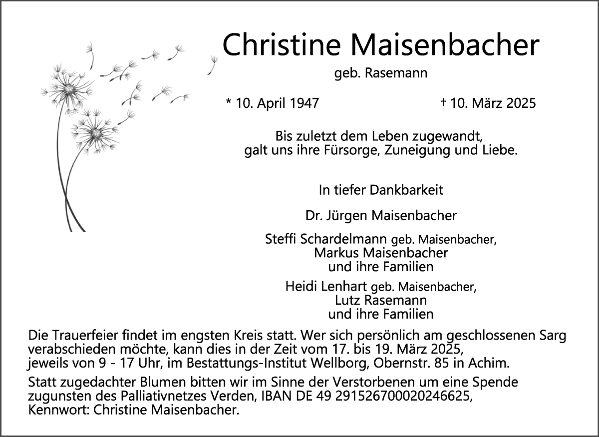 Traueranzeige von Christine Maisenbacher von WESER-KURIER