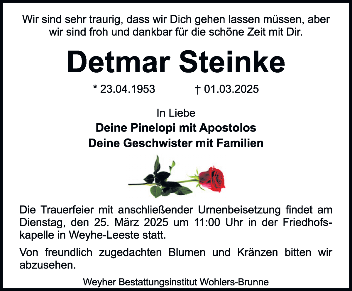 Traueranzeige von Detmar Steinke von WESER-KURIER