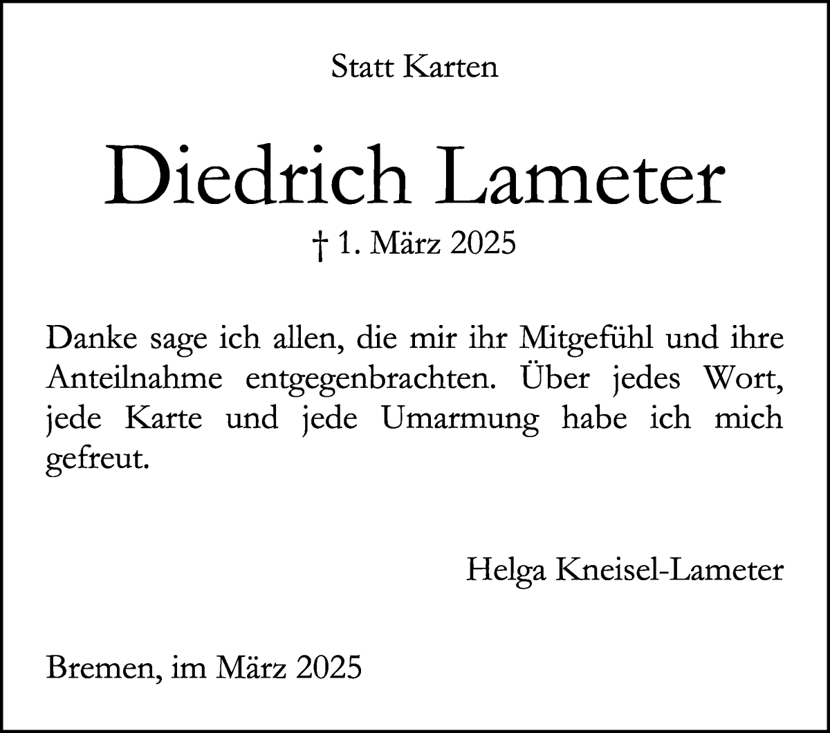 Traueranzeige von Diedrich Lameter von WESER-KURIER