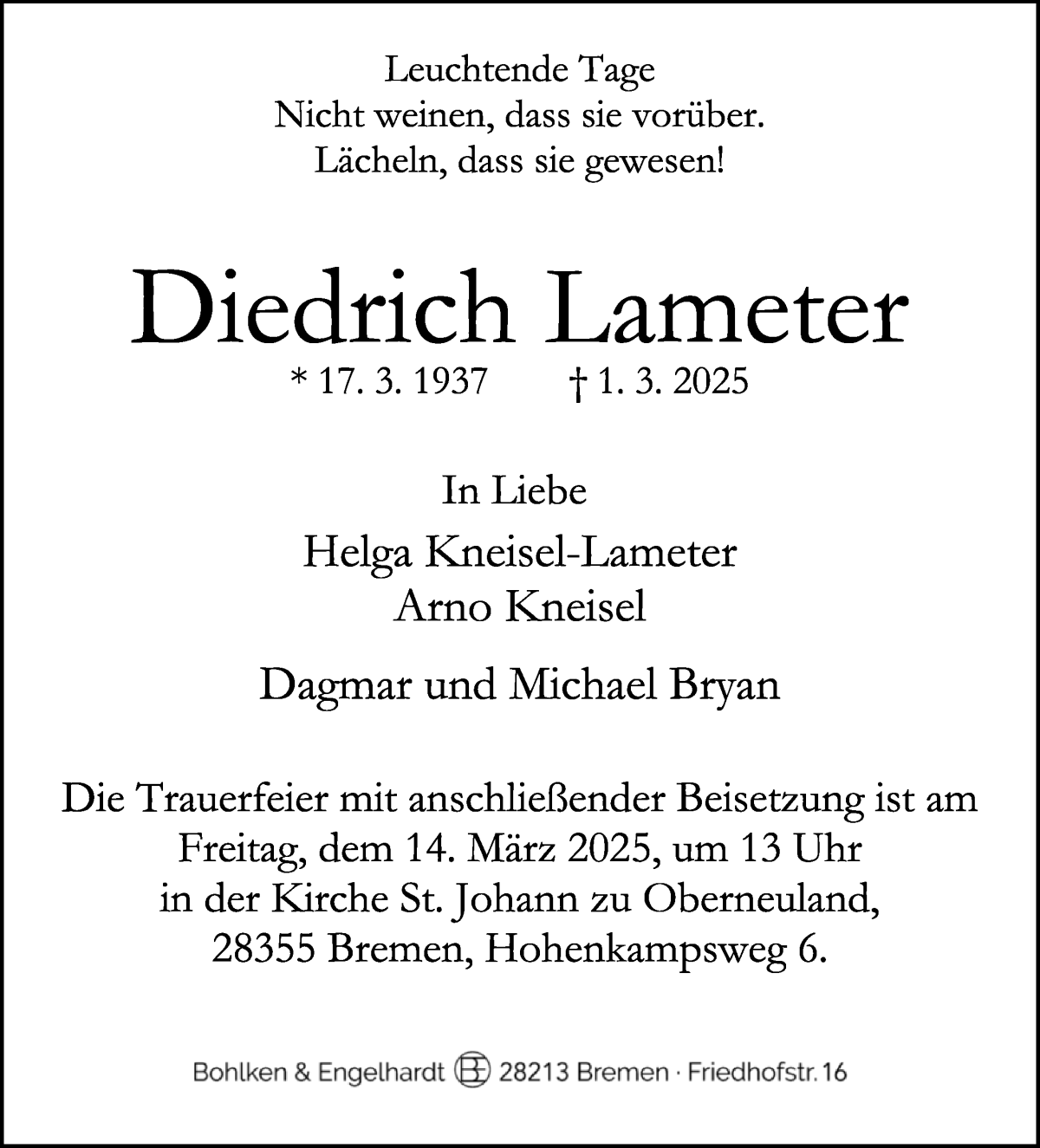 Traueranzeige von Diedrich Lameter von WESER-KURIER