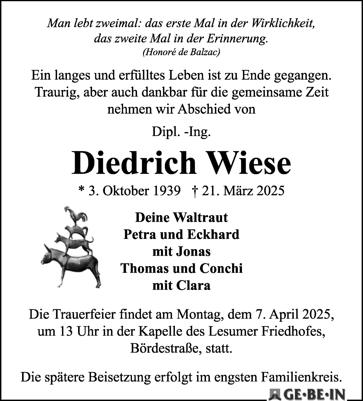 Traueranzeige von Diedrich Wiese von Die Norddeutsche