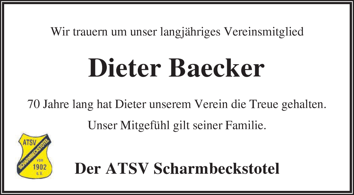 Traueranzeige von Dieter Baecker von Osterholzer Kreisblatt
