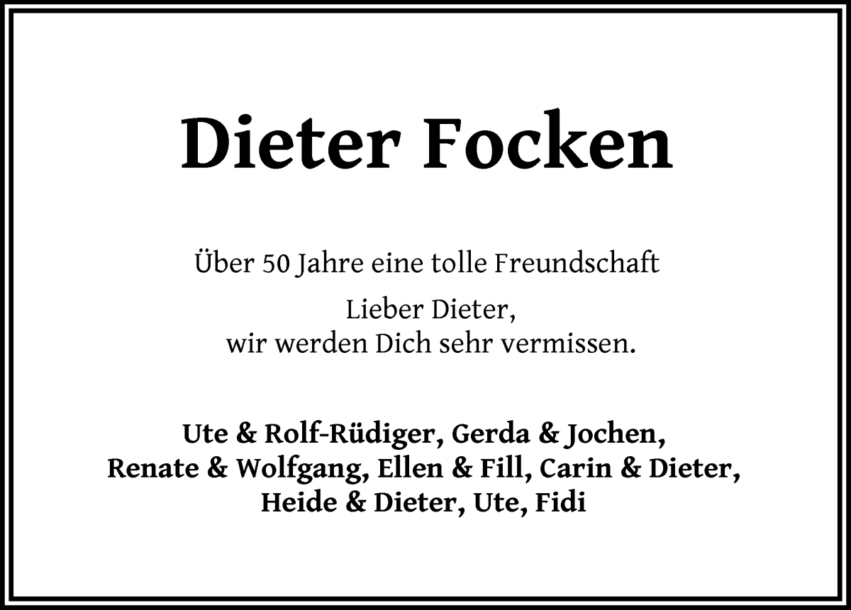 Traueranzeige von Dieter Focken von WESER-KURIER