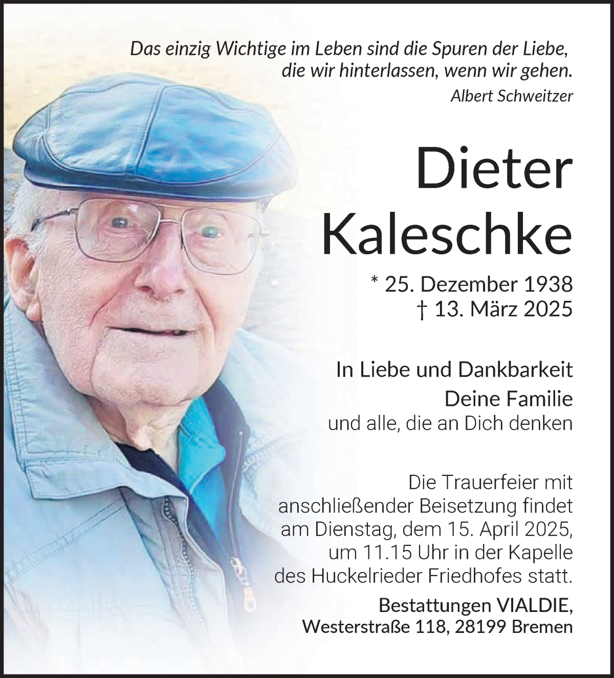 Traueranzeige von Dieter Kaleschke von WESER-KURIER