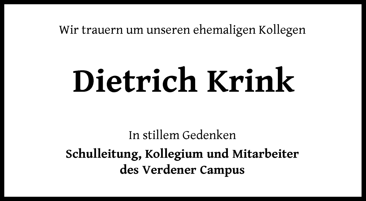 Traueranzeige von Dietrich Krink von Achimer Kurier/Verdener Nachrichten