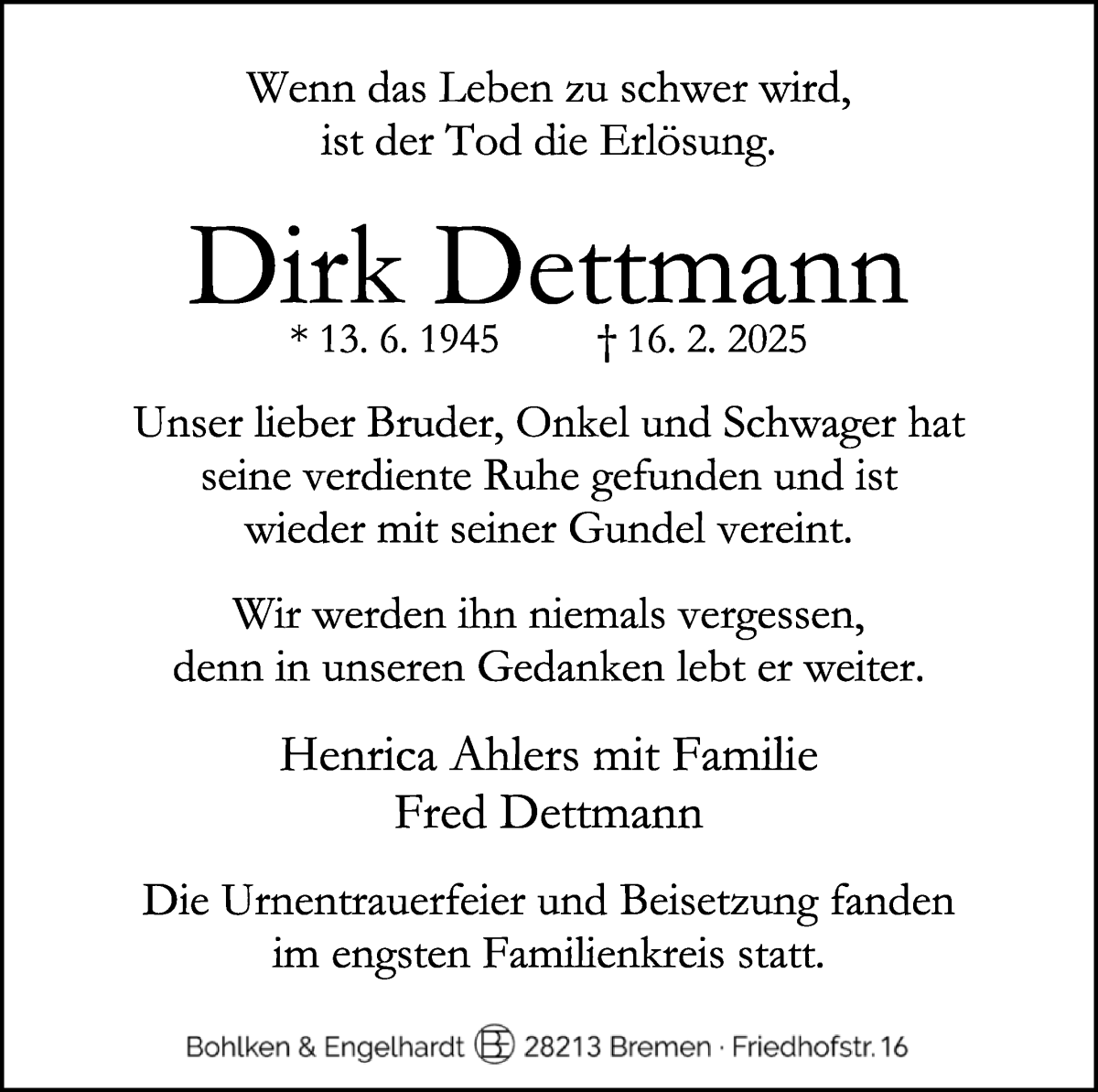 Traueranzeige von Dirk Dettmann von WESER-KURIER