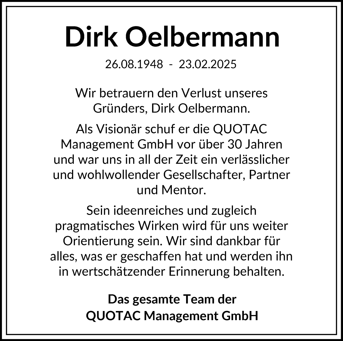Traueranzeige von Dirk Oelbermann von WESER-KURIER