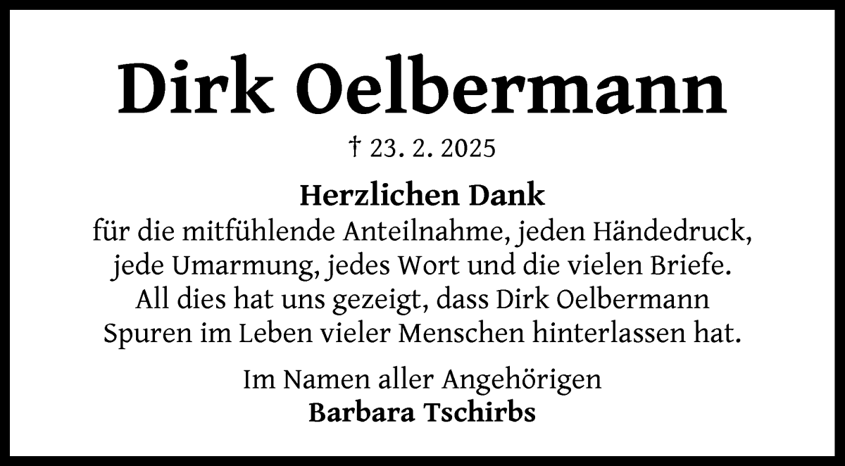 Traueranzeige von Dirk Oelbermann von WESER-KURIER