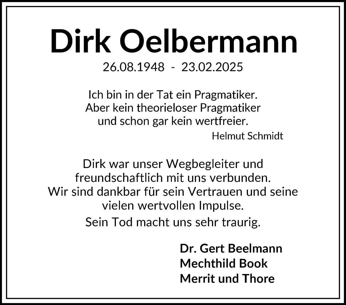 Traueranzeige von Dirk Oelbermann von WESER-KURIER