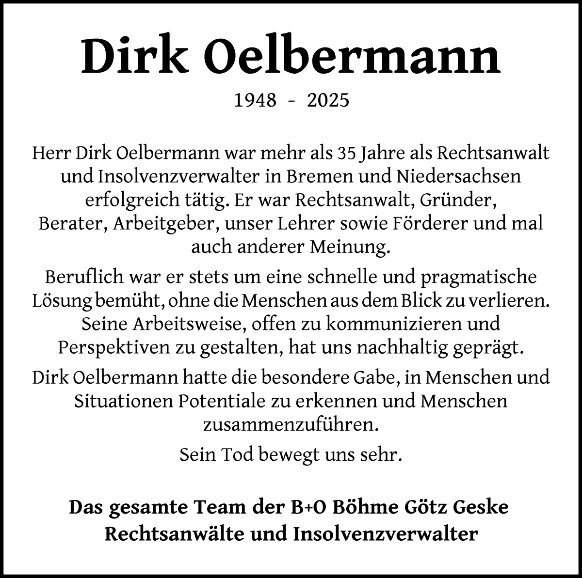Traueranzeige von Dirk Oelbermann von WESER-KURIER