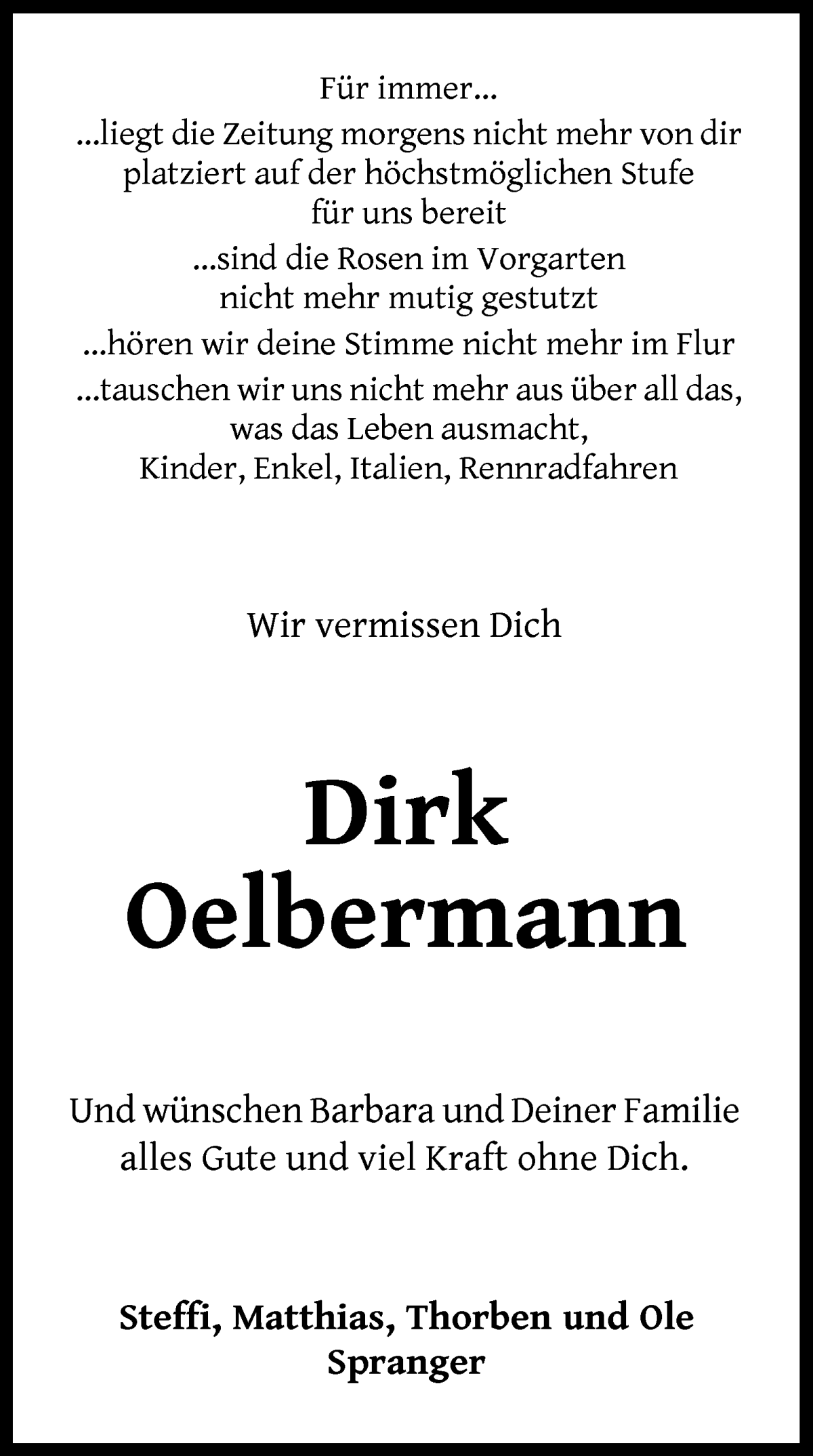 Traueranzeige von Dirk Oelbermann von WESER-KURIER