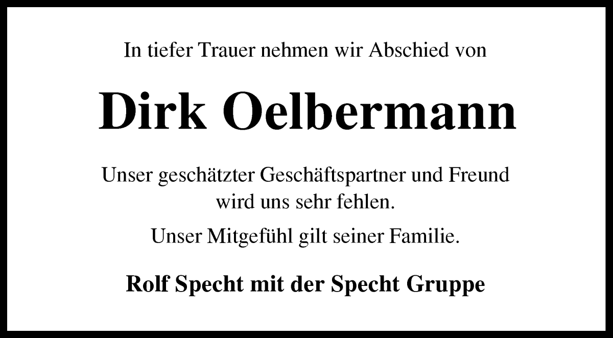 Traueranzeige von Dirk Oelbermann von WESER-KURIER