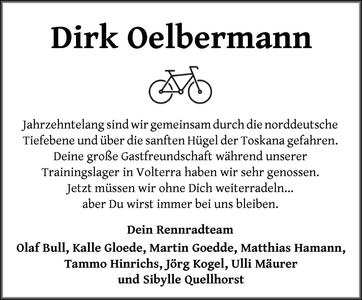 Traueranzeige von Dirk Oelbermann von WESER-KURIER