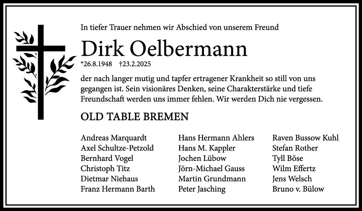 Traueranzeige von Dirk Oelbermann von WESER-KURIER