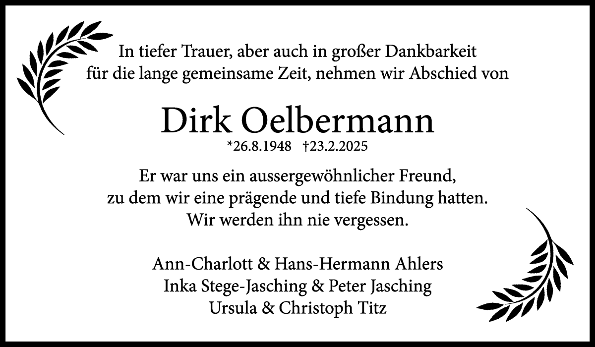 Traueranzeige von Dirk Oelbermann von WESER-KURIER