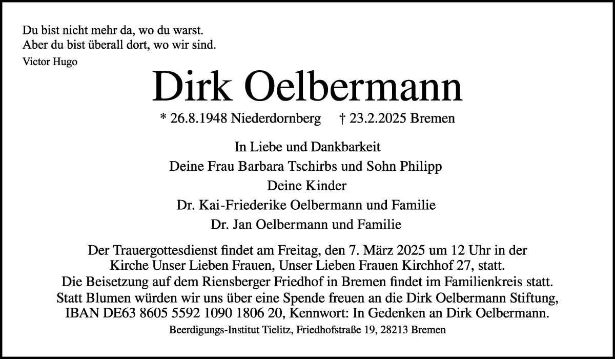 Traueranzeige von Dirk Oelbermann von WESER-KURIER