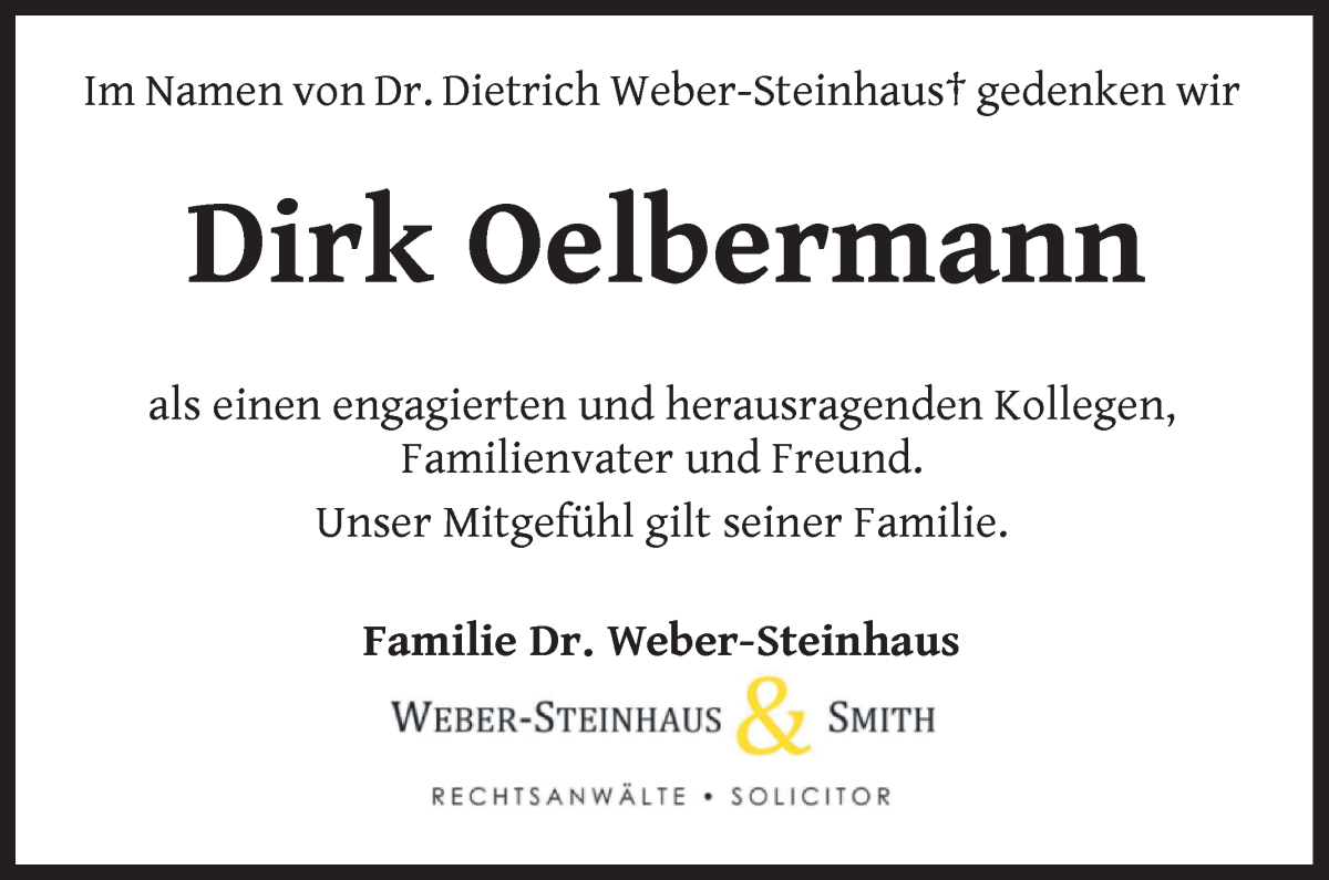 Traueranzeige von Dirk Oelbermann von WESER-KURIER