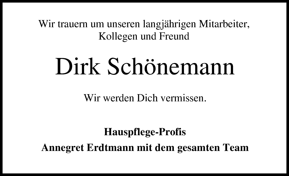 Traueranzeige von Dirk Schönemann von Osterholzer Kreisblatt