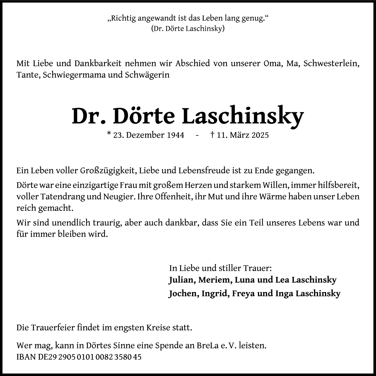 Traueranzeige von Dörte Laschinsky von WESER-KURIER
