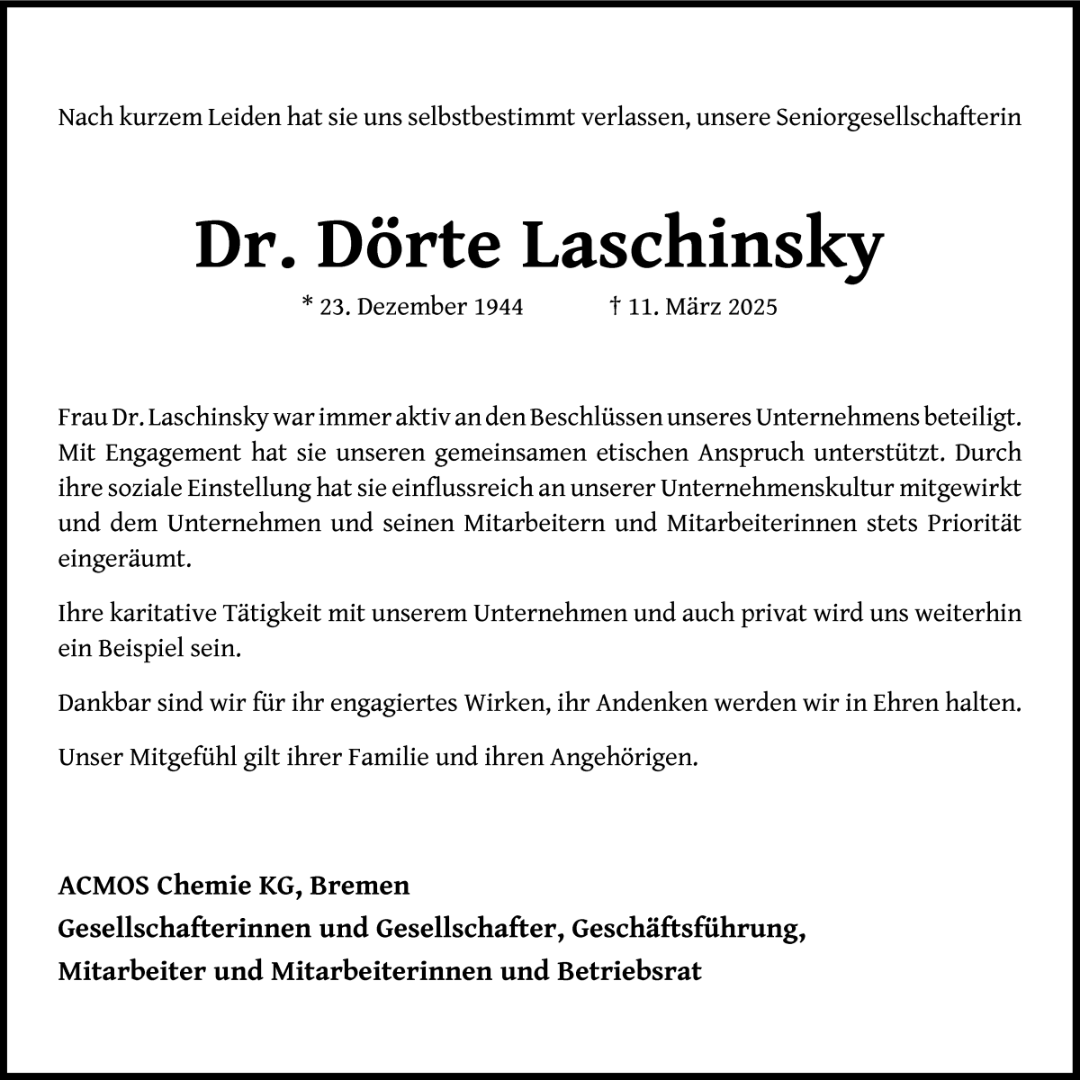 Traueranzeige von Dörte Laschinsky von WESER-KURIER
