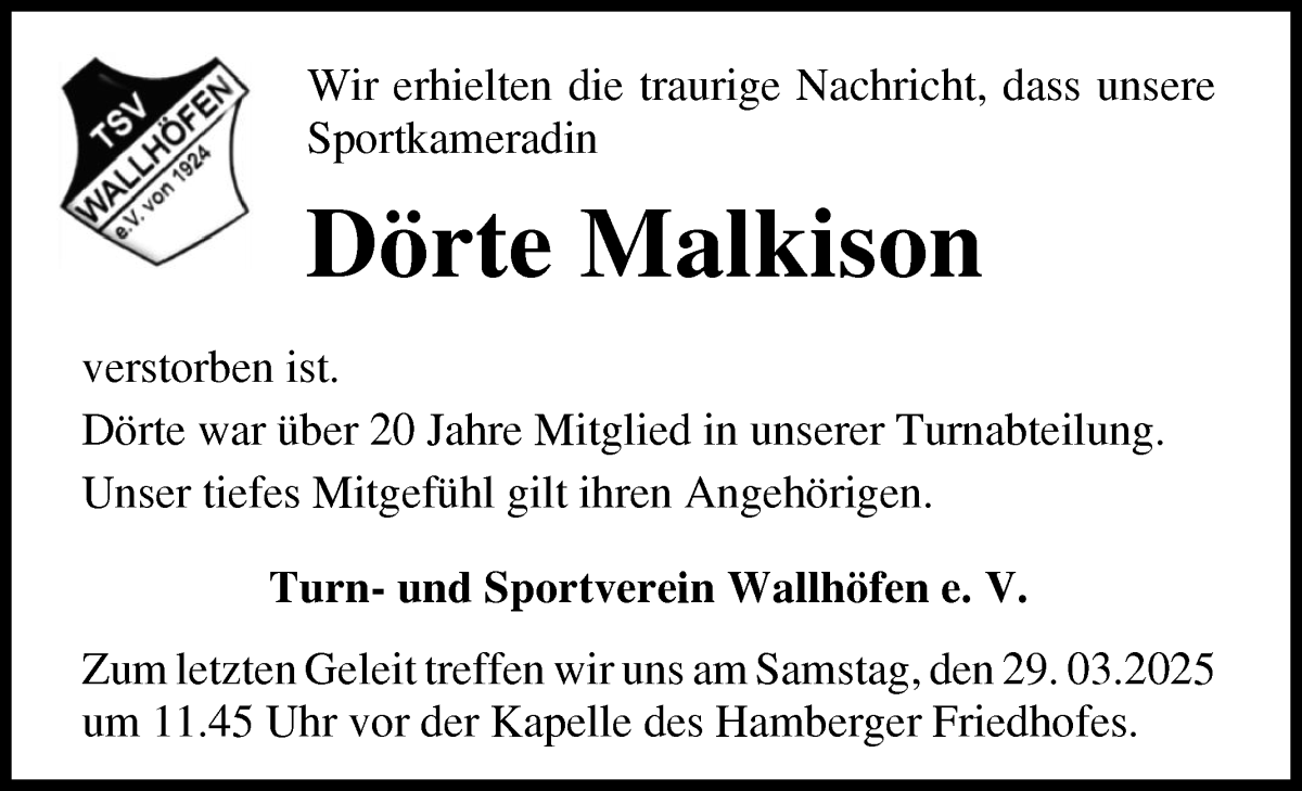 Traueranzeige von Dörte Malkison von Osterholzer Kreisblatt