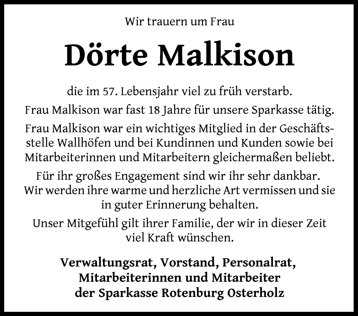 Traueranzeige von Dörte Malkison von Osterholzer Kreisblatt