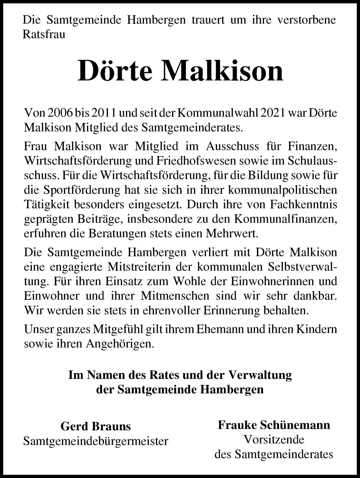 Traueranzeige von Dörte Malkison von Osterholzer Kreisblatt