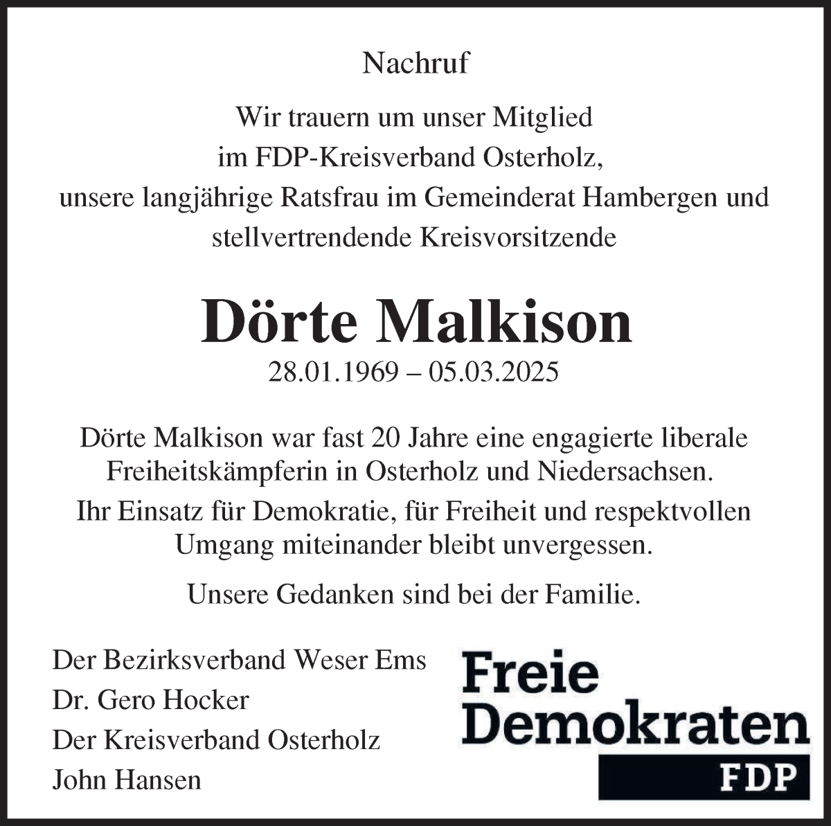 Traueranzeige von Dörte Malkison von Osterholzer Kreisblatt