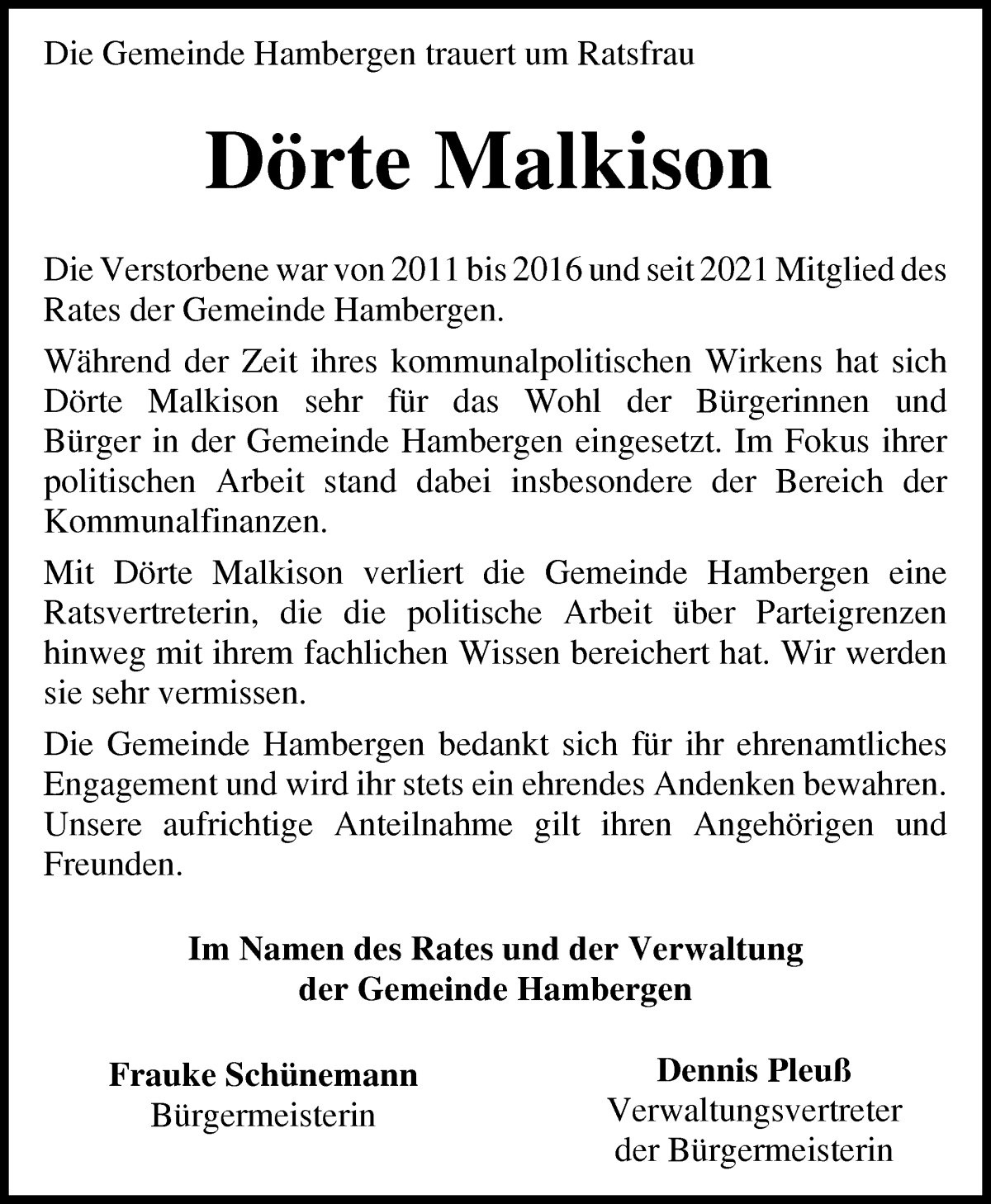 Traueranzeige von Dörte Malkison von Osterholzer Kreisblatt