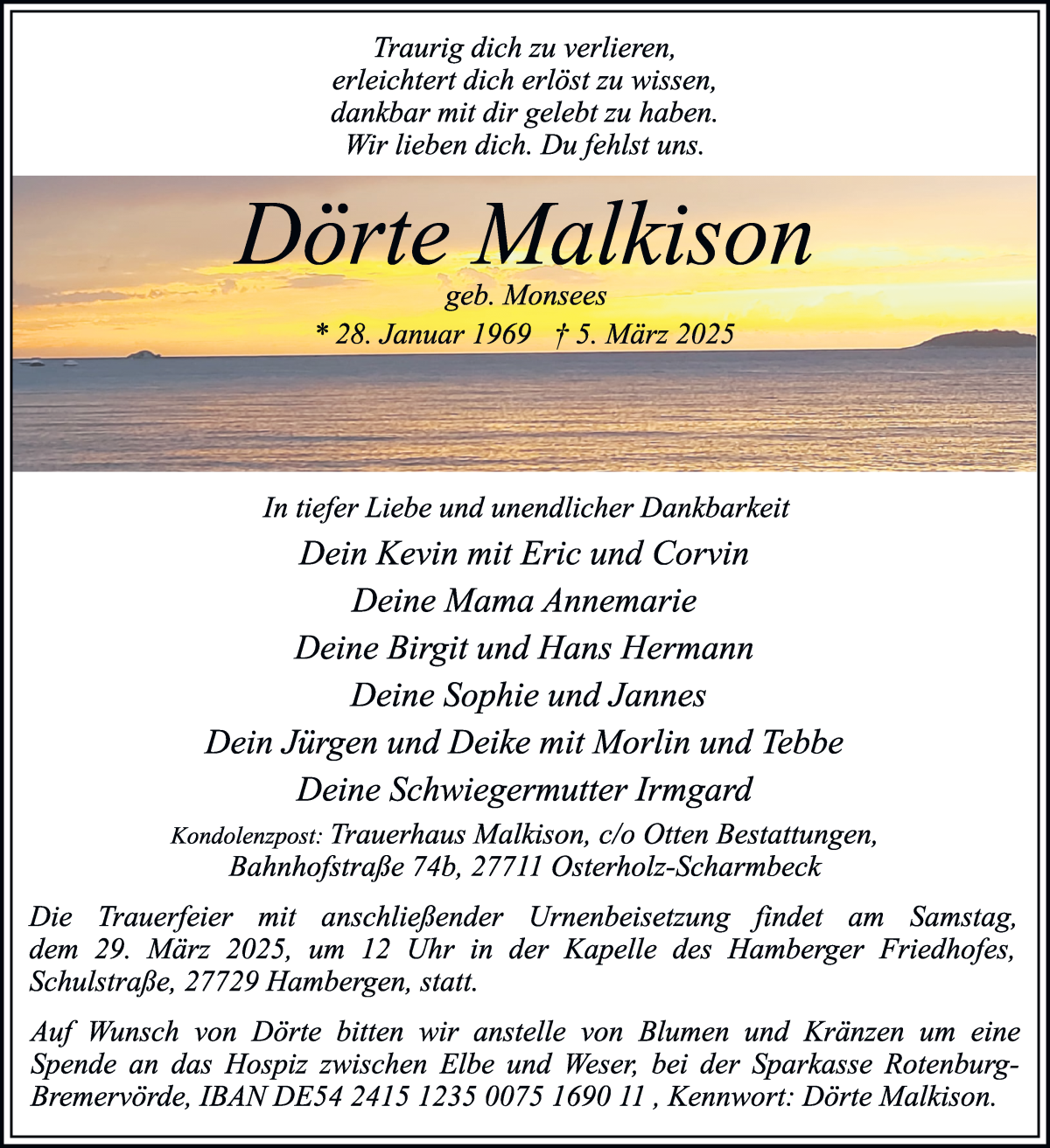 Traueranzeige von Dörte Malkison von Osterholzer Kreisblatt