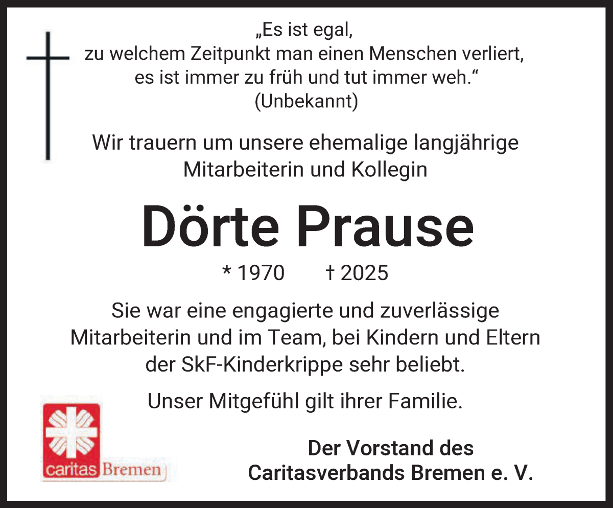 Traueranzeige von Dörte Prause von WESER-KURIER
