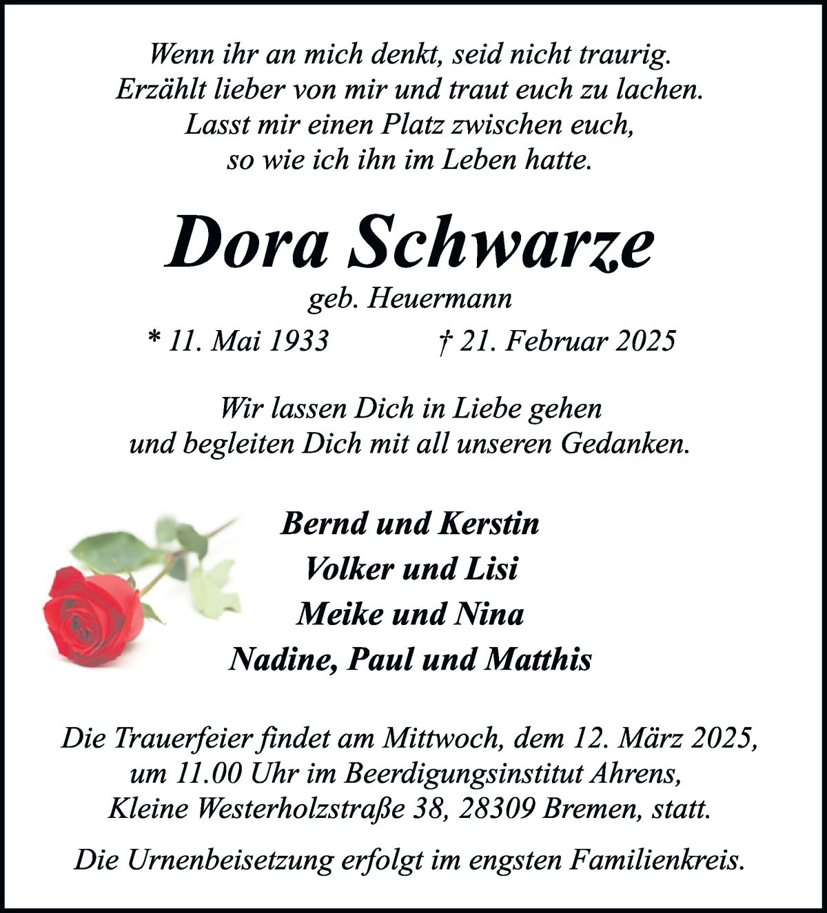 Traueranzeige von Dora Schwarze von WESER-KURIER