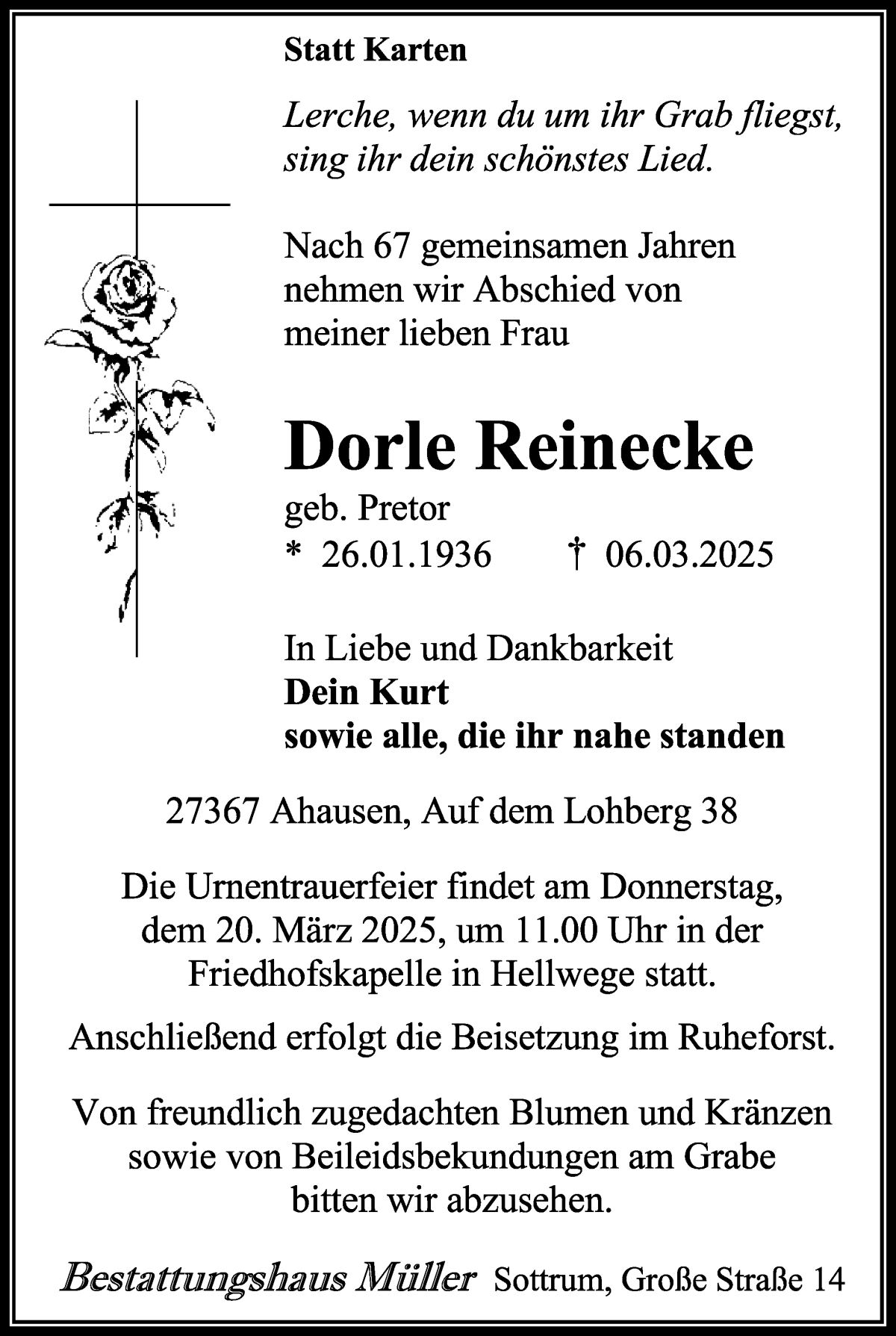 Traueranzeige von Dorle Reinecke von WESER-KURIER